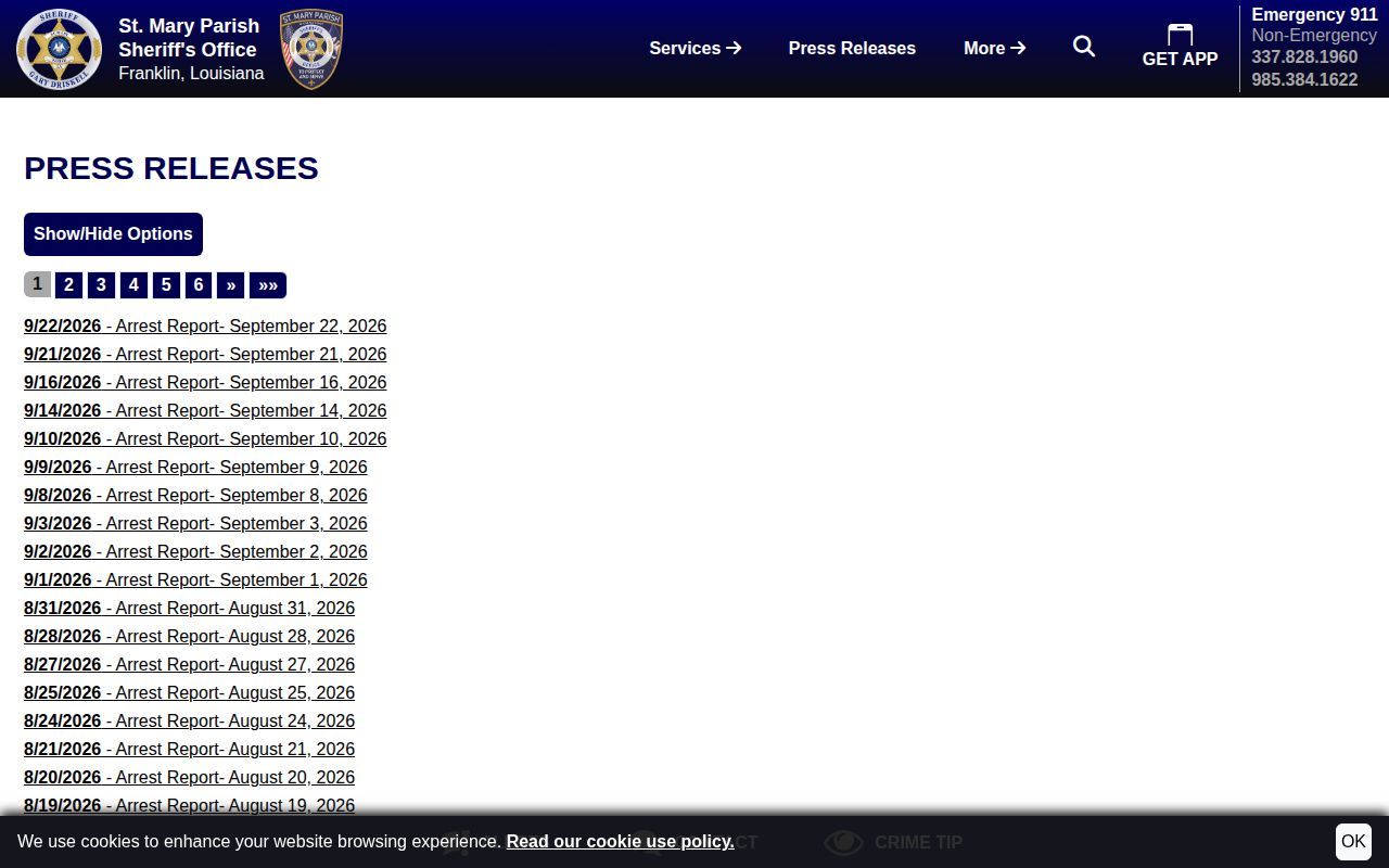 Louisiana parish arrest report index showing dated booking reports