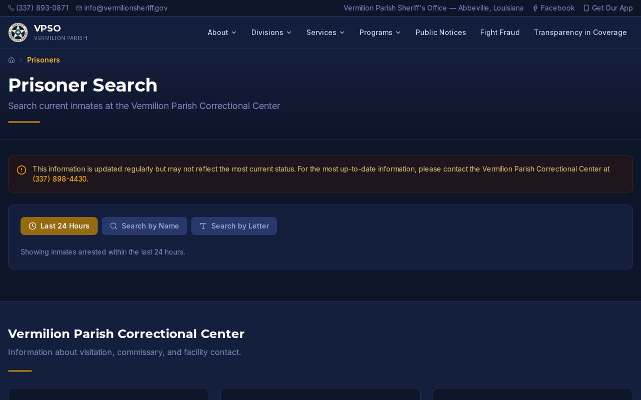 Vermilion Parish prisoner search with a last 24 hours arrest tab