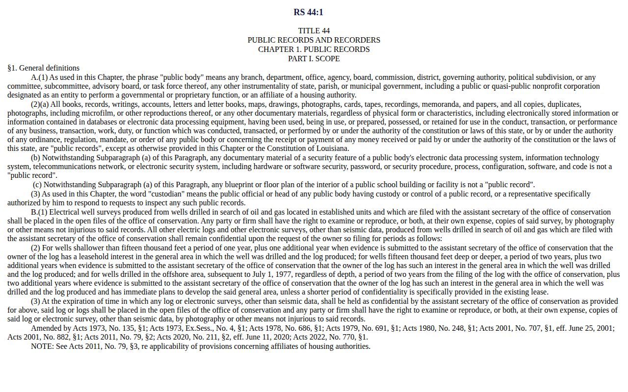 Louisiana public-record statute for arrest record access