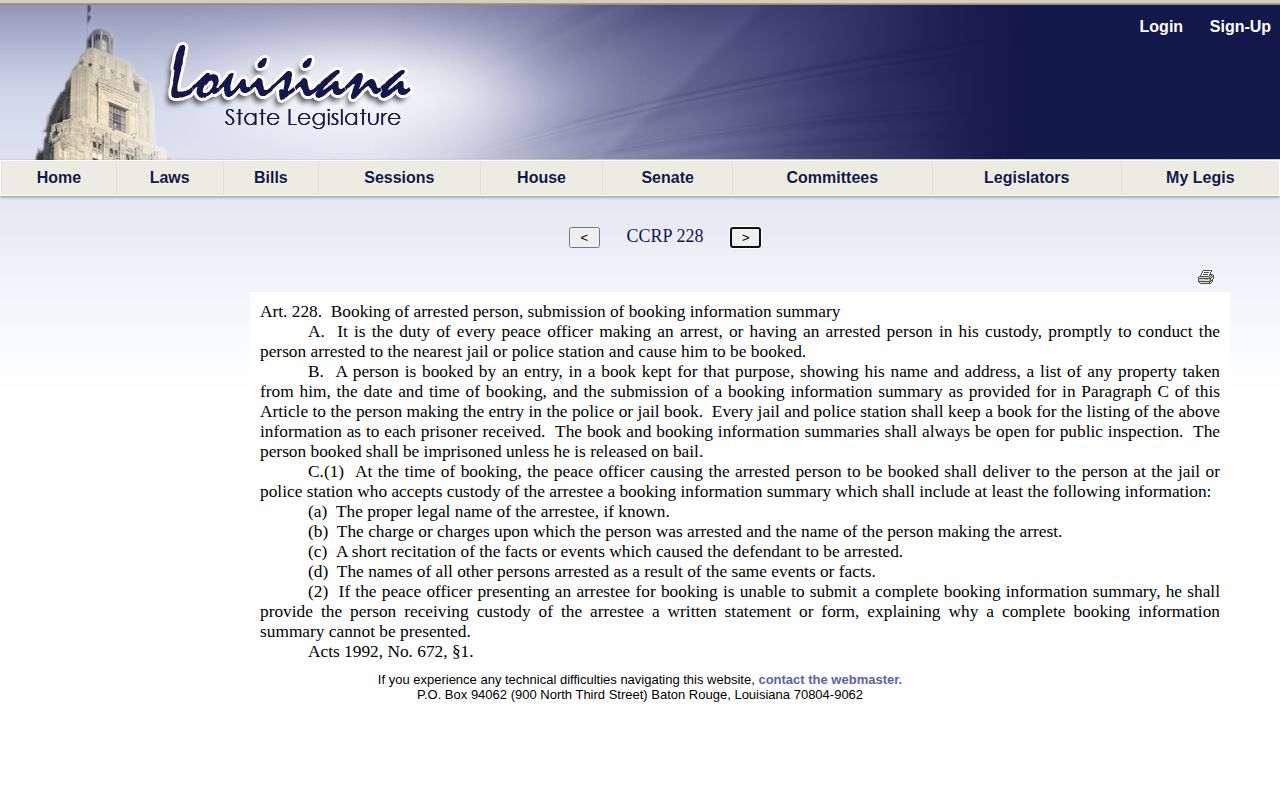 Louisiana arrest booking record rule under Code of Criminal Procedure article 228