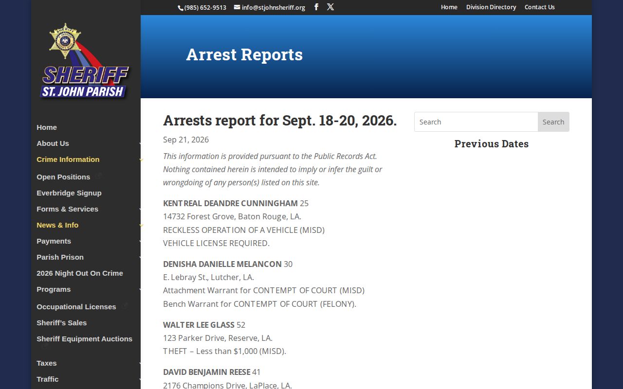 St. John Parish Sheriff dated arrest reports with archive navigation