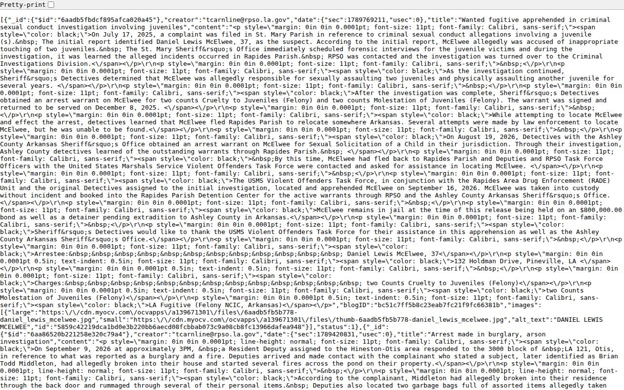 Rapides Parish Sheriff selected press-release archive in JSON format