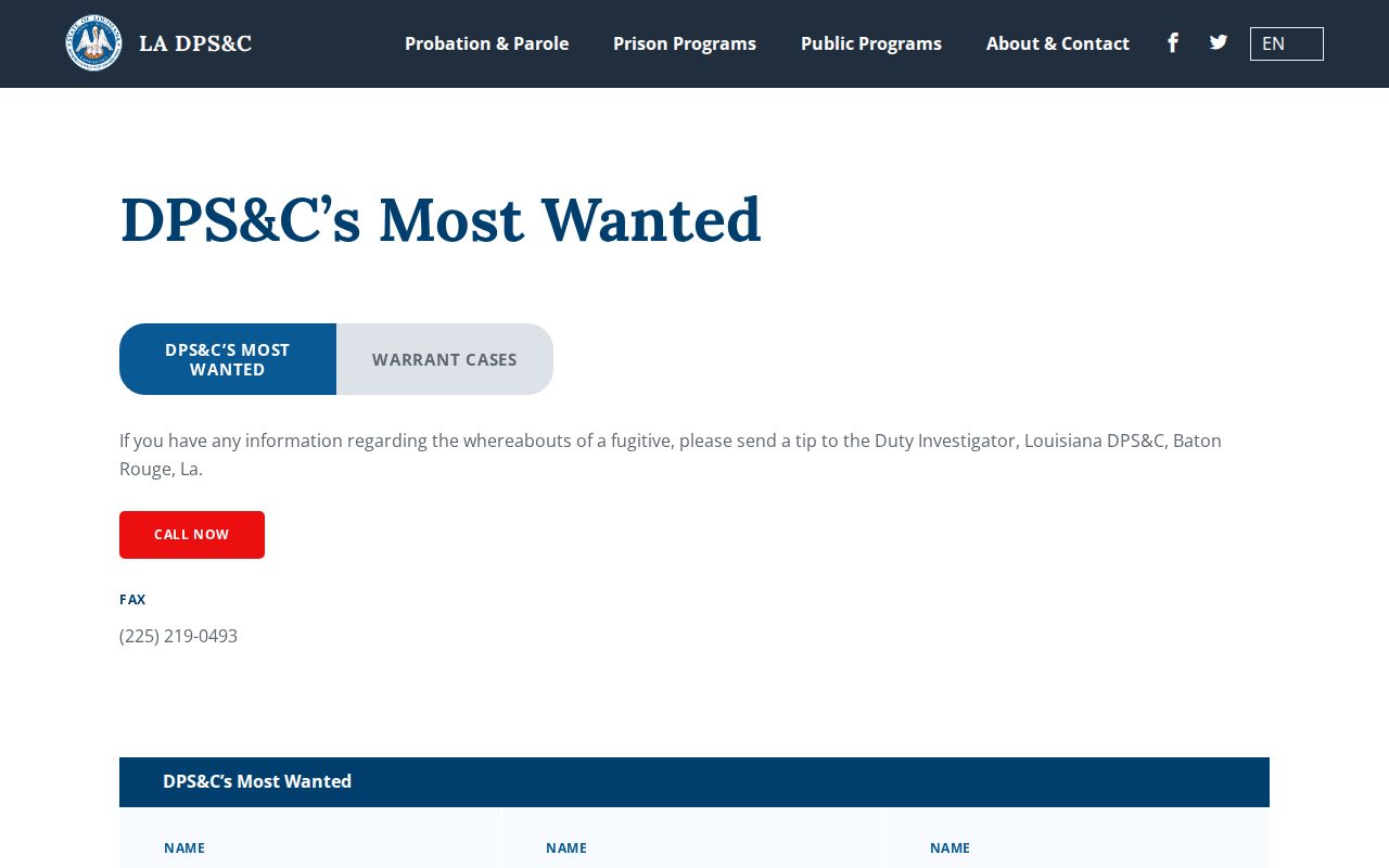 Louisiana DPS and Corrections Most Wanted warrant cases page