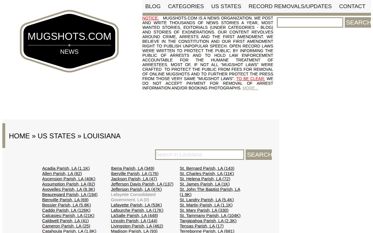 Louisiana secondary mugshot archive landing page