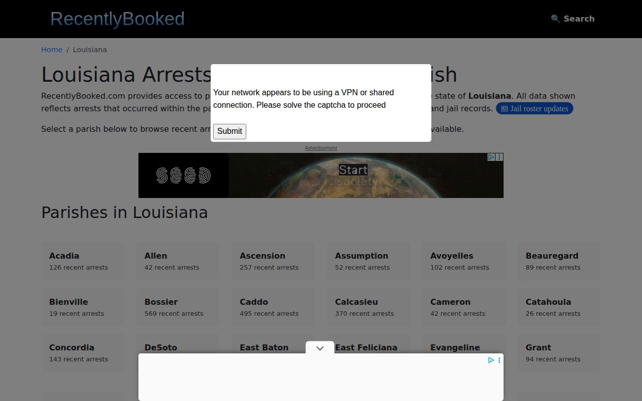 RecentlyBooked Louisiana secondary booking search page