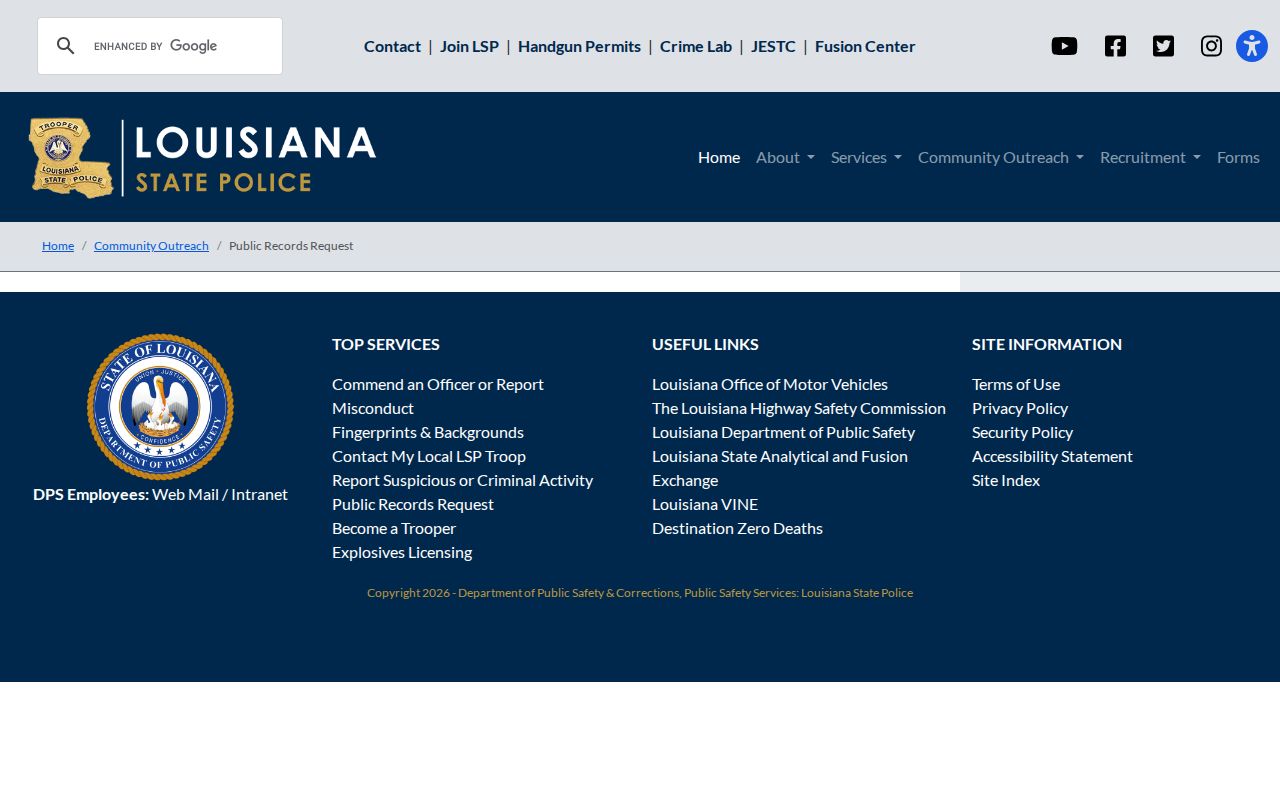 Louisiana State Police public records request page for arrest and incident records