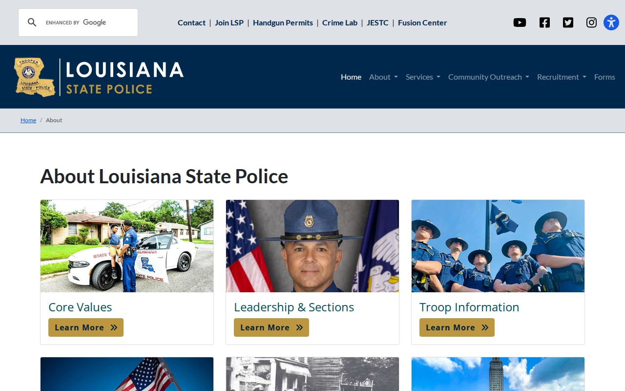Louisiana State Police troop information page showing statewide regional coverage