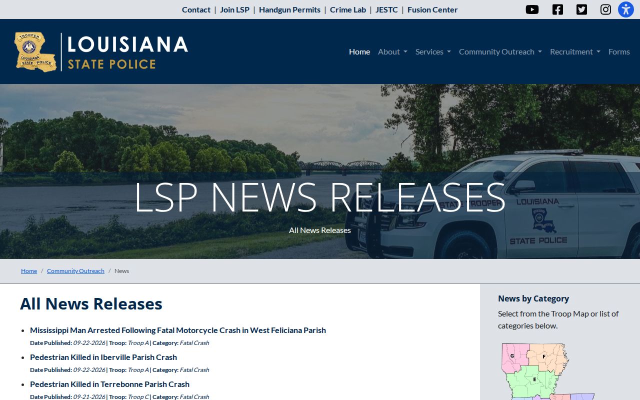 Louisiana State Police news release page for statewide arrest and enforcement updates